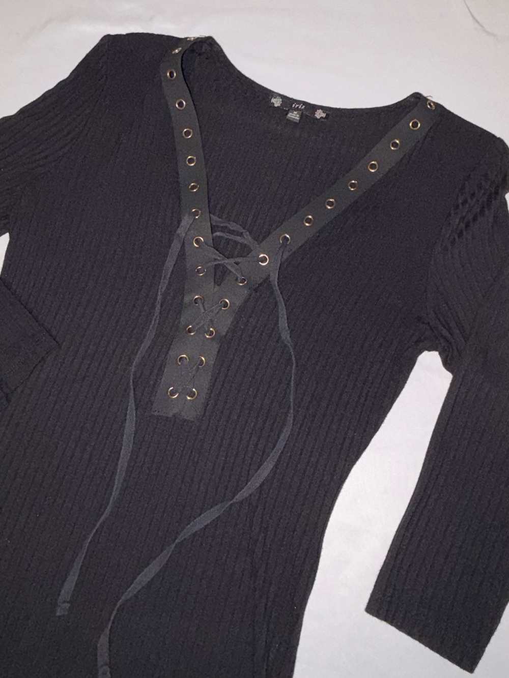 iris Black Long-Sleeve Ribbed Lace-Up Dress Sz M
